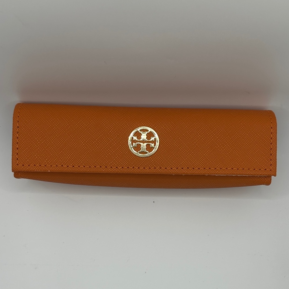 Tory Burch Bright Orange Saffiano Leather Sunglass Case with Gold Logo